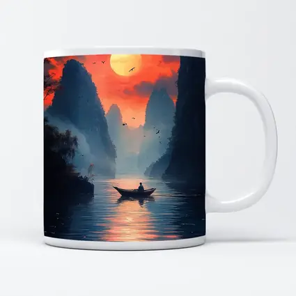 Lone Boat Sunset Karst Mountains River Art