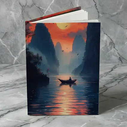 Lone Boat Sunset Karst Mountains River Art