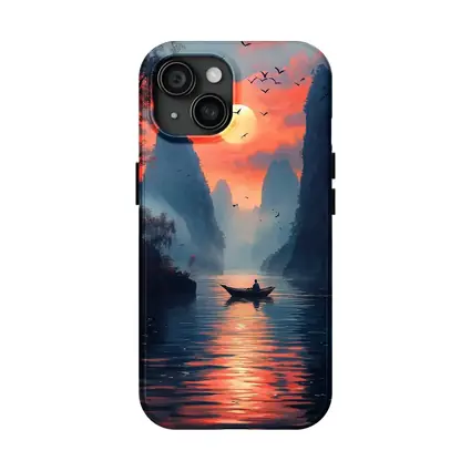 Lone Boat Sunset Karst Mountains River Art