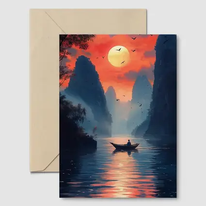 Lone Boat Sunset Karst Mountains River Art