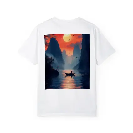 Lone Boat Sunset Karst Mountains River Art