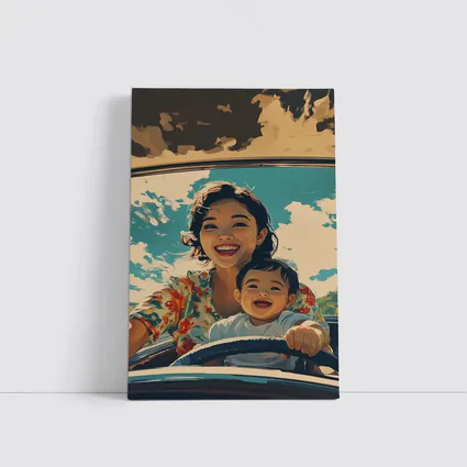 Mother and Child Laughing Vintage Car Illustration