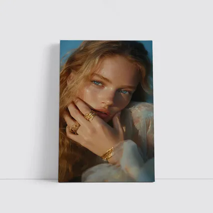 Young Woman Gold Jewelry Blue Background Portrait