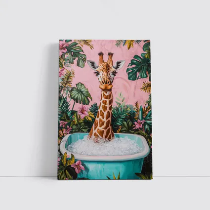 Giraffe Bathing Tropical Pink Floral Background