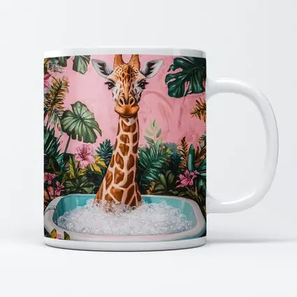 Giraffe Bathing Tropical Pink Floral Background