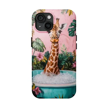 Giraffe Bathing Tropical Pink Floral Background