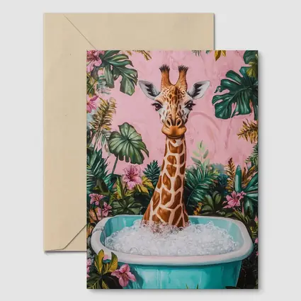 Giraffe Bathing Tropical Pink Floral Background