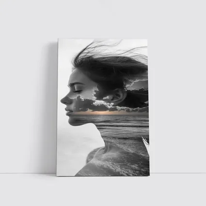 Black White Woman Double Exposure Ocean Sky