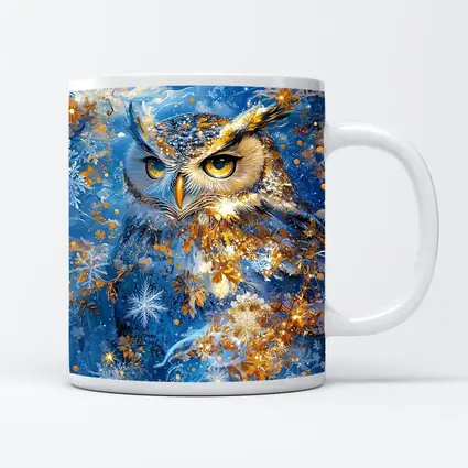 Great Horned Owl Blue Winter Snowflake Art
