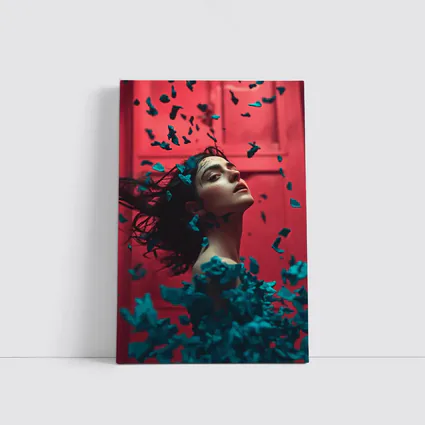 Woman Teal Petals Falling Red Background