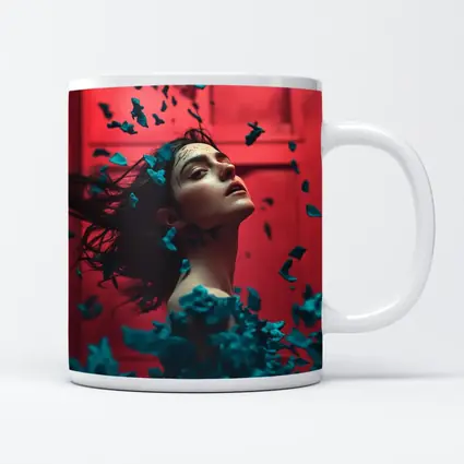 Woman Teal Petals Falling Red Background