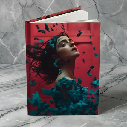 Woman Teal Petals Falling Red Background