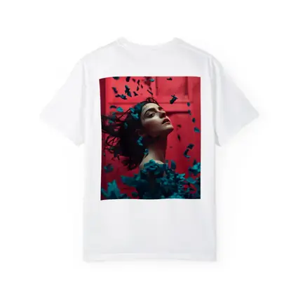 Woman Teal Petals Falling Red Background