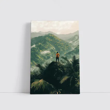 Hiker Standing On Rock Tropical Mountain View