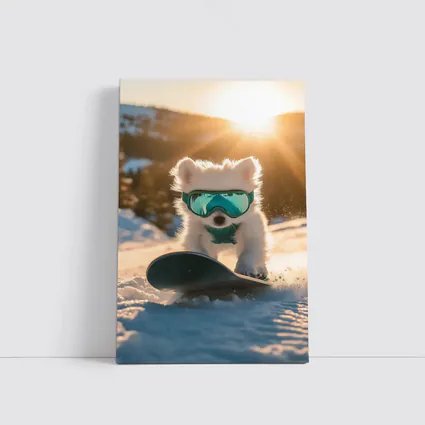 White Puppy Snowboarding Snowy Mountain Sunset