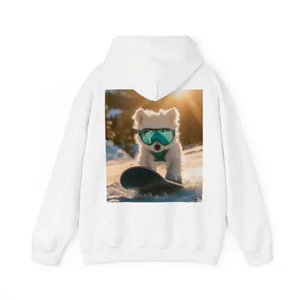 White Puppy Snowboarding Snowy Mountain Sunset