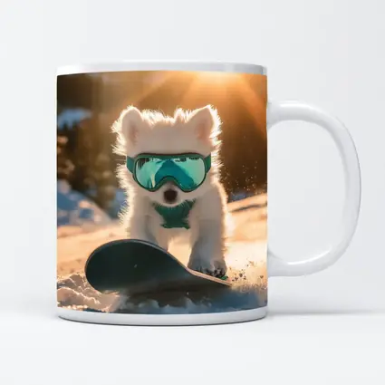 White Puppy Snowboarding Snowy Mountain Sunset