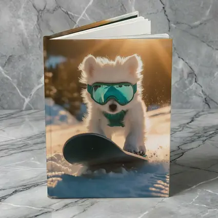 White Puppy Snowboarding Snowy Mountain Sunset