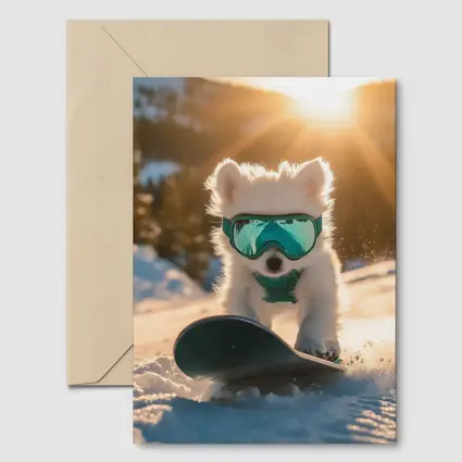White Puppy Snowboarding Snowy Mountain Sunset