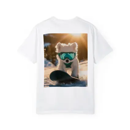 White Puppy Snowboarding Snowy Mountain Sunset