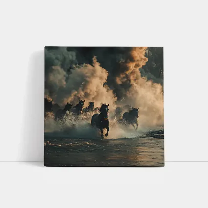 Wild Horses Running Through Misty River