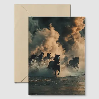 Wild Horses Running Through Misty River