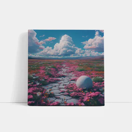 Pink Flower Field Stone Path Surreal
