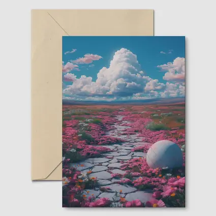 Pink Flower Field Stone Path Surreal
