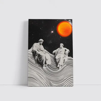 Greek Statues Sitting Under Cosmic Red Planet