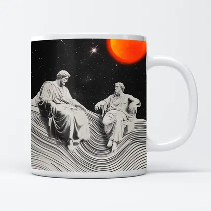 Greek Statues Sitting Under Cosmic Red Planet