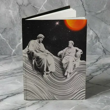 Greek Statues Sitting Under Cosmic Red Planet