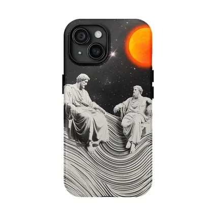 Greek Statues Sitting Under Cosmic Red Planet