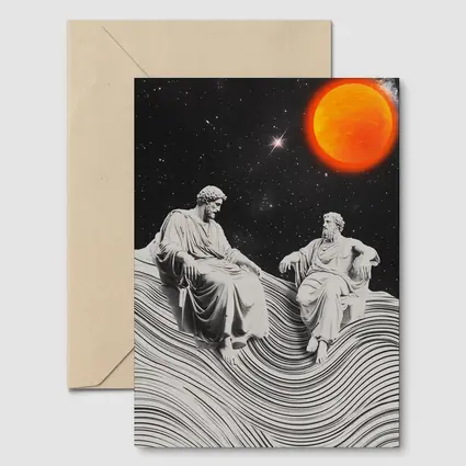 Greek Statues Sitting Under Cosmic Red Planet