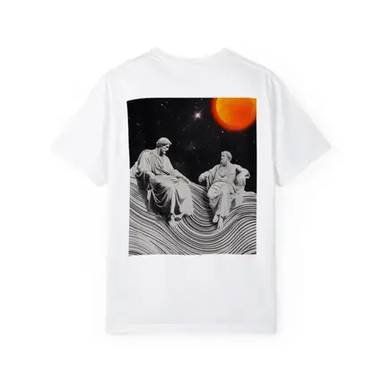Greek Statues Sitting Under Cosmic Red Planet