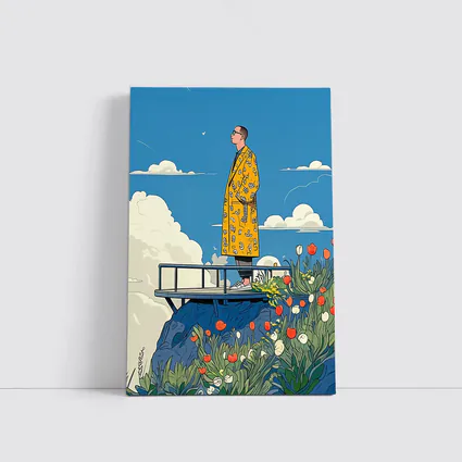 Man Yellow Coat Standing Flowers Blue Sky