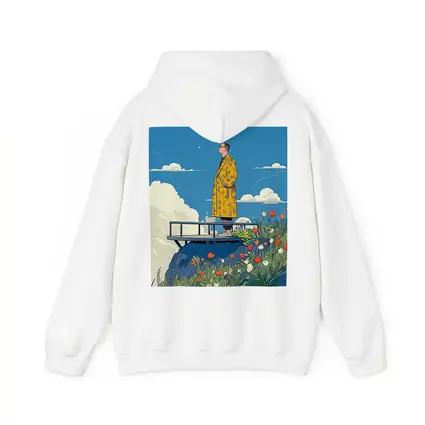 Man Yellow Coat Standing Flowers Blue Sky