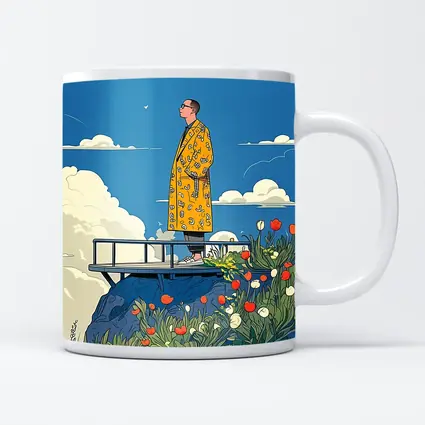 Man Yellow Coat Standing Flowers Blue Sky