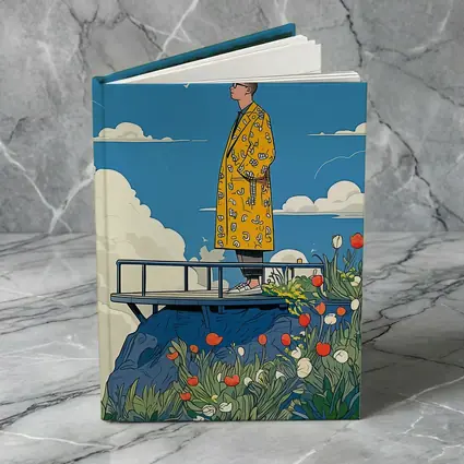 Man Yellow Coat Standing Flowers Blue Sky