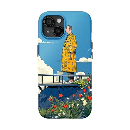 Man Yellow Coat Standing Flowers Blue Sky