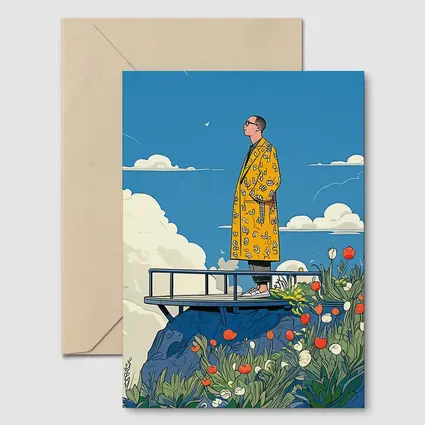 Man Yellow Coat Standing Flowers Blue Sky