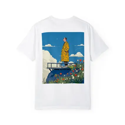 Man Yellow Coat Standing Flowers Blue Sky