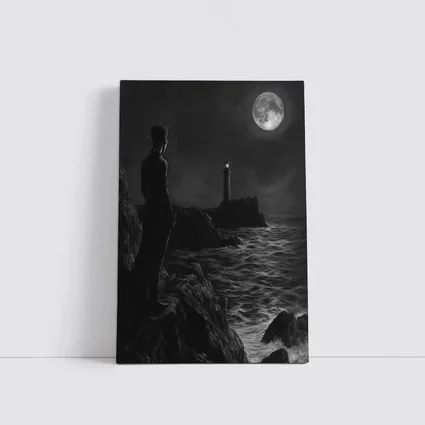 Dark Figure Lighthouse Moonlit Coastal Night