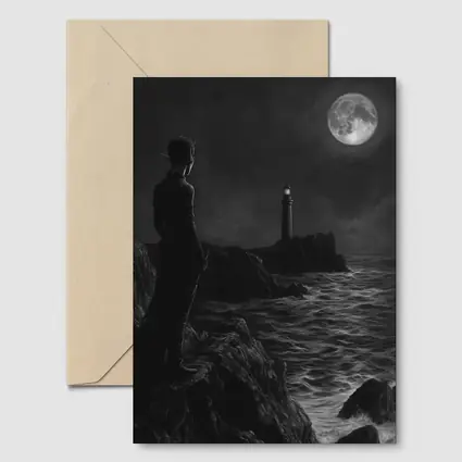 Dark Figure Lighthouse Moonlit Coastal Night