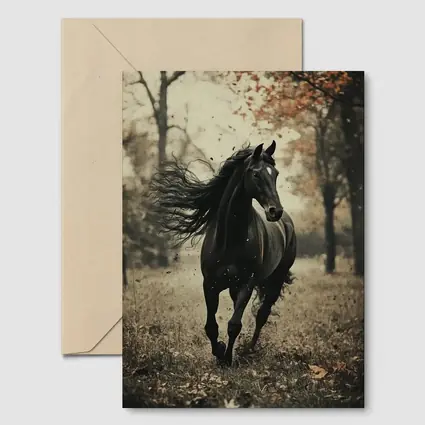 Black Horse Running Through Autumn Forest