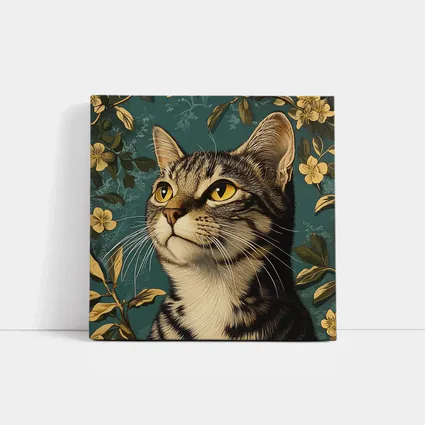 Tabby Cat Portrait Teal Floral Background
