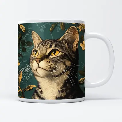 Tabby Cat Portrait Teal Floral Background