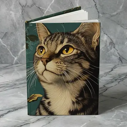 Tabby Cat Portrait Teal Floral Background