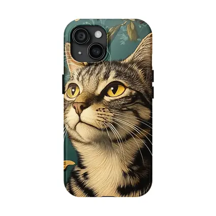 Tabby Cat Portrait Teal Floral Background