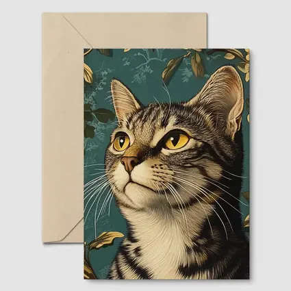 Tabby Cat Portrait Teal Floral Background