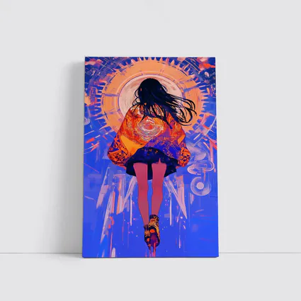 Anime Girl Orange Jacket Blue Abstract Background